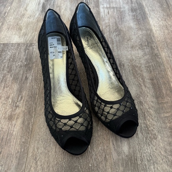 Adrianna Papell Black Peep-Toe Mesh Heels with Black Diamonds Low-Heel - Picture 1 of 7